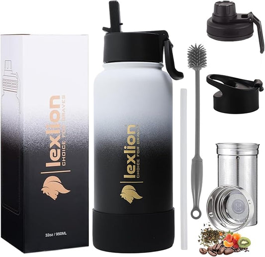 Lexlion Tea Infuser Water Bottle 32 Oz – Triple Wall Insulated Stainless Steel, Loose Leaf & Fruit Strainer, 3 Leakproof Lids, BPA-Free Silicone Sleeve, Reusable Thermal Mug - Bloomnest