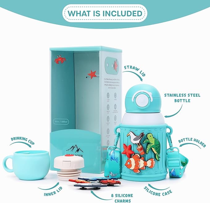 Kids Insulated Tumbler Set – 16oz Stainless Steel Water Bottle with Straw & Pour Lids, Screw-On Cup, Adjustable Strap, Silicone Sleeve & Charms – Leakproof BPA-Free Bottle for Boys & Girls - Bloomnest