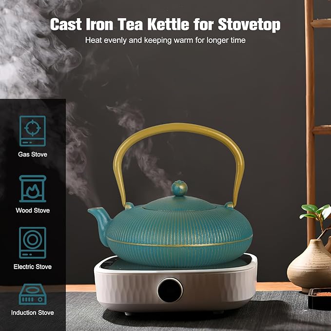Green Cast Iron Teapot Large Capacity 40oz/1200ml with Infuser for Loose Leaf Stovetop Safe Vertical Stripe Flat Tea Kettle, Enameled Interior - Bloomnest