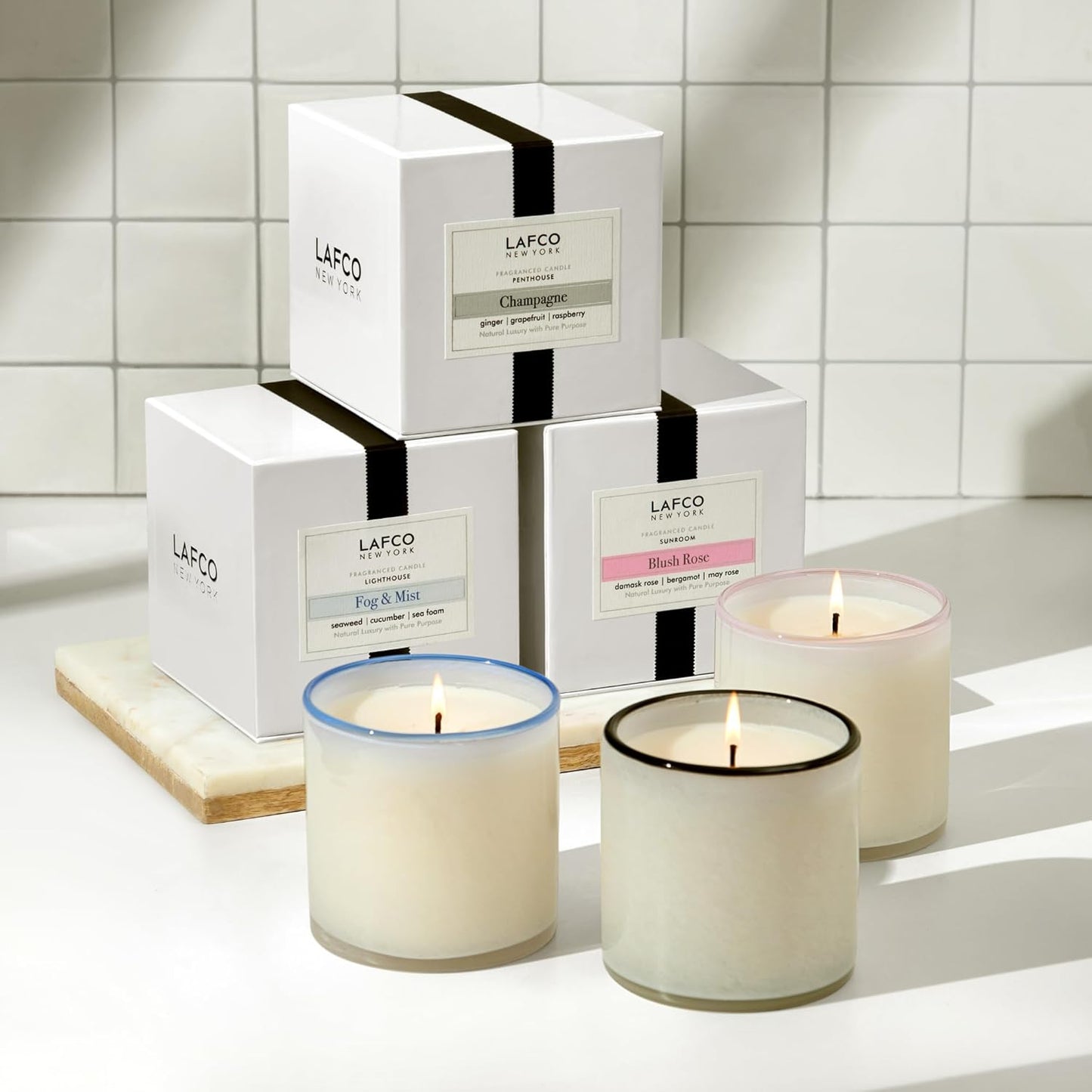 LAFCO New York Signature Candle, Fog & Mist - 15.5 oz - 90-Hour Burn Time - Reusable, Hand Blown Glass Vessel - Made in the USA