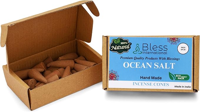 Bless International Ocean-Salt 100%-Natural-Incense-Cones Handmade-Hand-Dipped Organic-Chemicals-Free for-Purification-Relaxation-Positivity-Yoga-Meditation The-Best-scents (20 Count) BlessInternational