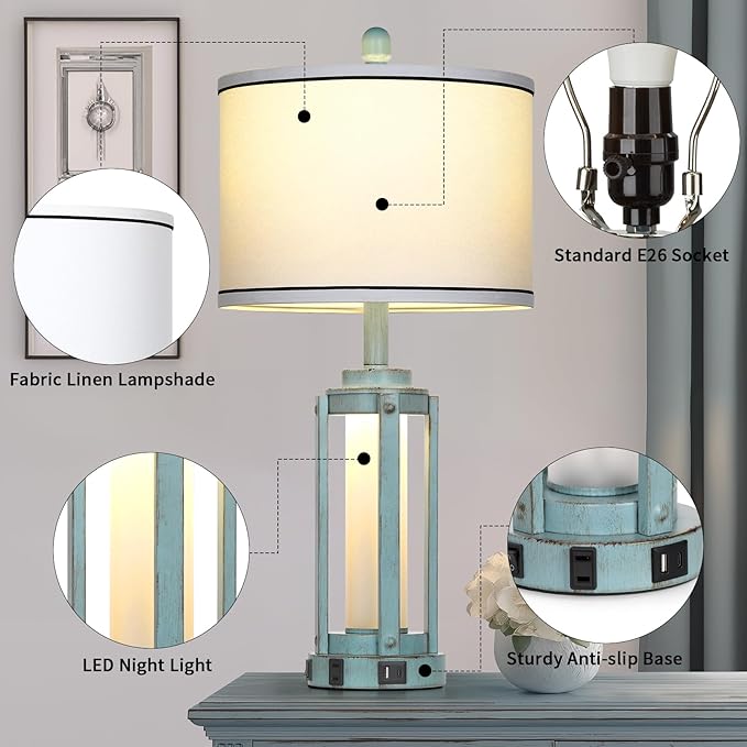 Table Lamp for Living Room, Vintage Rustic Industrial Farmhouse Lamps with USB A+C Charging Ports & AC Outlet, Beside Nightstand Metal Lamp with LED Night Light & Fabric Shade for Bedrooms - Bloomnest
