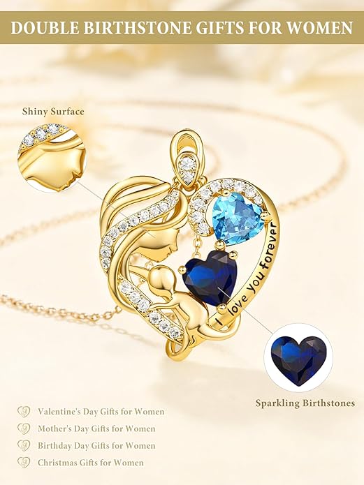 14K Gold Double Birthstone Heart Necklace for Women Mom, Mother Son/Daughter Pendant Necklace for Christmas Mother's Day Birthday Gifts for Wife Daughter Grandmom - Bloomnest