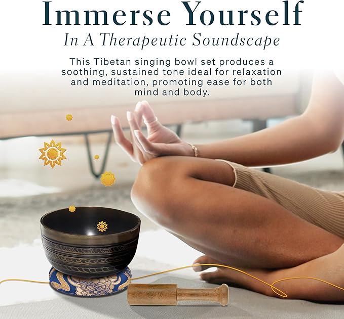 Tibetan Singing Bowl Set of 7, Handcrafted Singing Bowl for Meditation & Holistic Healing, Yoga Accessories, 3-5” Black Singing Bowls with Wooden Striker, Cushion & Purple Carry Box - Bloomnest