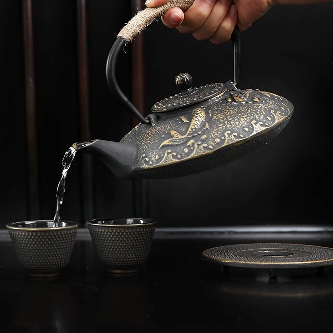 Ufine Koi Fish Cast Iron Teapot Set Stove Top Tea Kettle with 4 Cups Japanese Style Tetsubin Tea Gift Set, 26 oz with Stainless Steel Infuser - Bloomnest