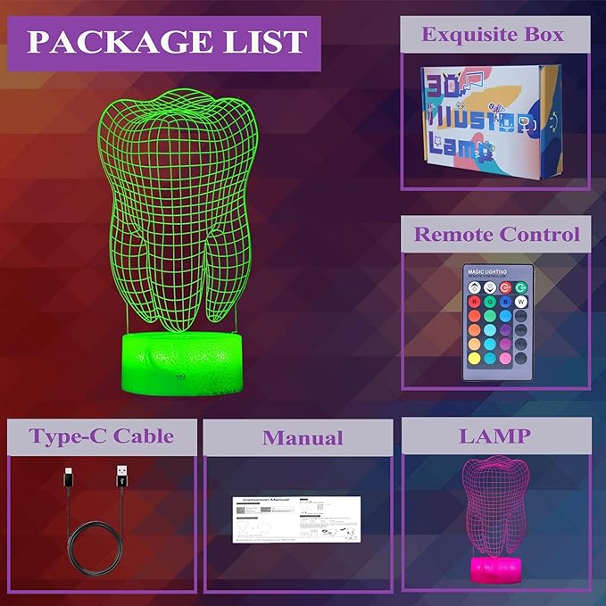 Dental Gifts, 3D Tooth Night Light, 3D Illusion Lamp, 16 Colors Changing, Remote Control, Dimmable, Living Room Decoration, Xmas Tooth Model Gifts - Bloomnest