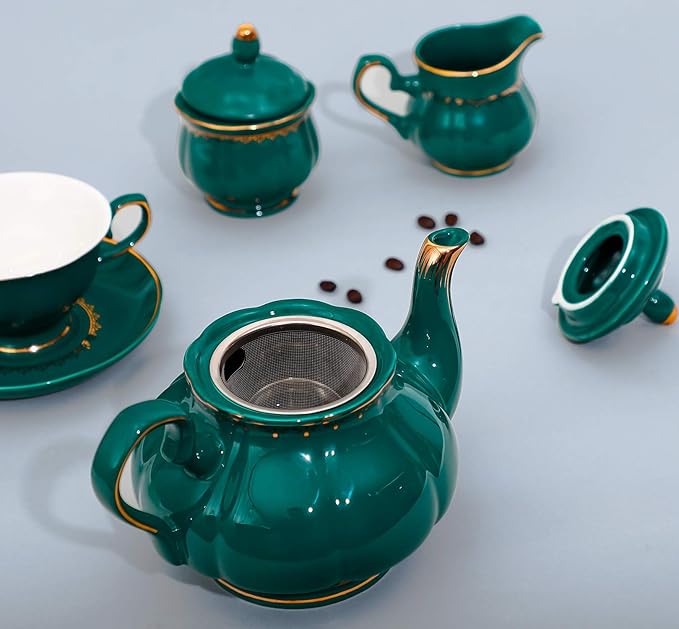 CHENP.HMC Tea Set 22-Piece Porcelain Ceramic Coffee Tea Sets Cups Saucer Service for 6 Teapot Sugar Bowl Creamer Pitcher and Teaspoons Porcelain Tea Set(Dark Green) - Bloomnest