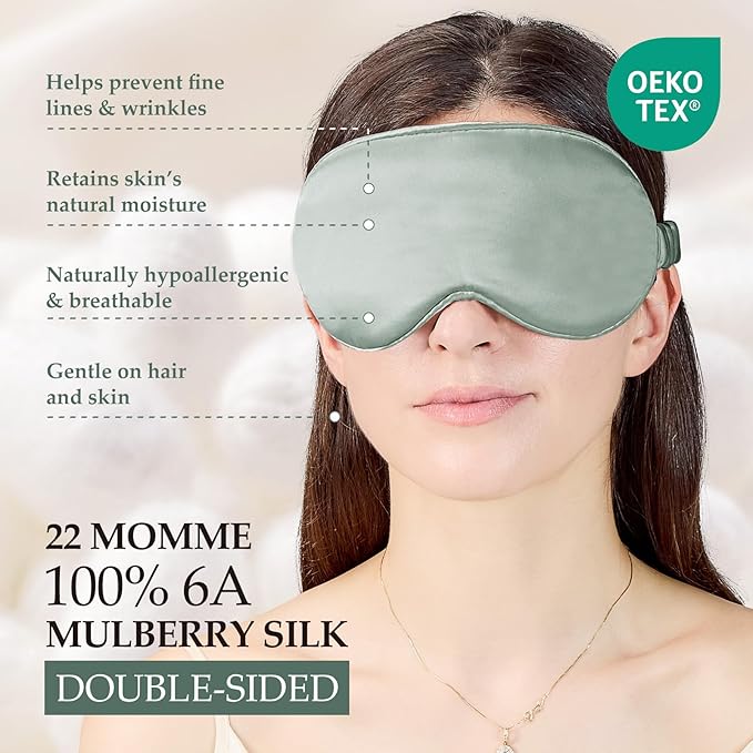 100% Mulberry Silk Sleep Mask for Unisex, 22 Momme 3D Silk Contoured Eye Mask, Breathable Light Blocking Blindfold with Adjustable Strap, Blackout Eye Cover for Travel, Grayish Green - Bloomnest