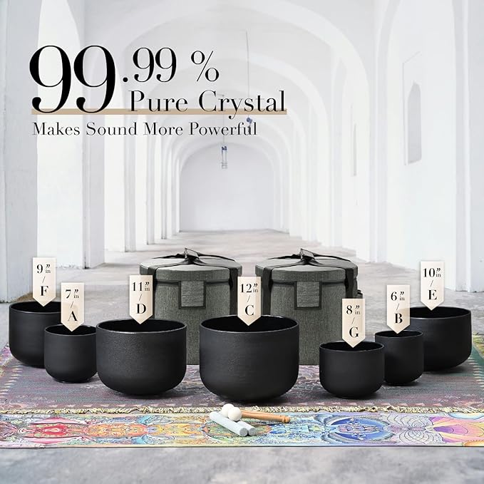 432HZ 6-12 Inch Set of 7 Chakra Black Frosted Quartz Crystal Singing Bowls with 2 Pcs Carry Cases and Suede Mallet - Bloomnest