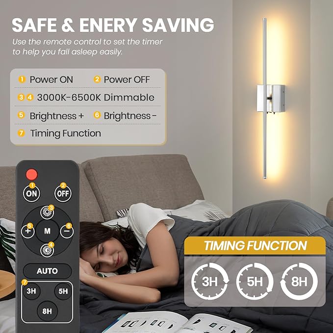 LED Wireless Battery Operated Wall Sconces, 11000mAh Rechargeable Chrome Wall Lights with Remote Control, 350°Rotate Dimmable Wall Lamp, 3 Color Temperatures, for Bedroom Living Room Hallway, 1 PCS - Bloomnest