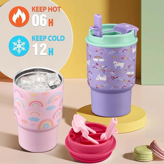 13.5oz Kids Insulated Tumbler with Lid and Straw, BPA-Free Stainless Steel Kids Water Bottle, Leak-Proof& Cupholder Friendly Tumbler for Boys & Girls -2 Pack(Rainbow+Horse) - Bloomnest