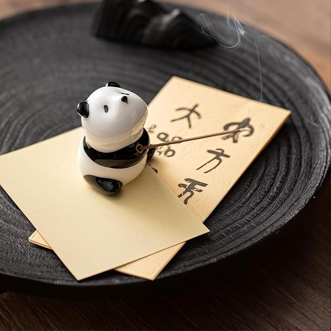 Handmade Ceramic Panda Incense Holder | Extra-Long Bamboo Mat & Sandalwood Sticks | Zen Home Decor | Yoga & Meditation Essentials (Panda) - Bloomnest