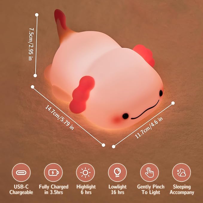 SMY Lighting Axolotl Night Light for Kids,Animal Silicone Nursery Night Lamp, Rechargeable Table Lighting Bedside Lamp,Cute Room Decor Light for Bedroom,Living Room,Dining,Desk Decorations,Gift - Bloomnest