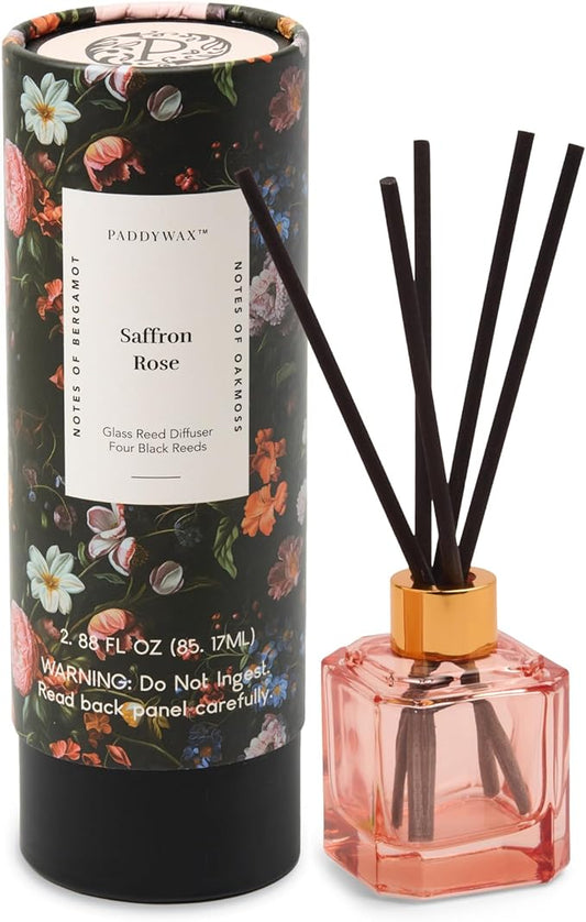 Paddywax Botanica Scented Oil Diffuser with Reeds in Reusable Pink Glass Bottle, Tubed Gift Box, Includes Diffuser Sticks, Long-Lasting Fragrance, Reusable & Upcyclable, Saffron Rose, 2.8 fl oz PaddywaxCandles