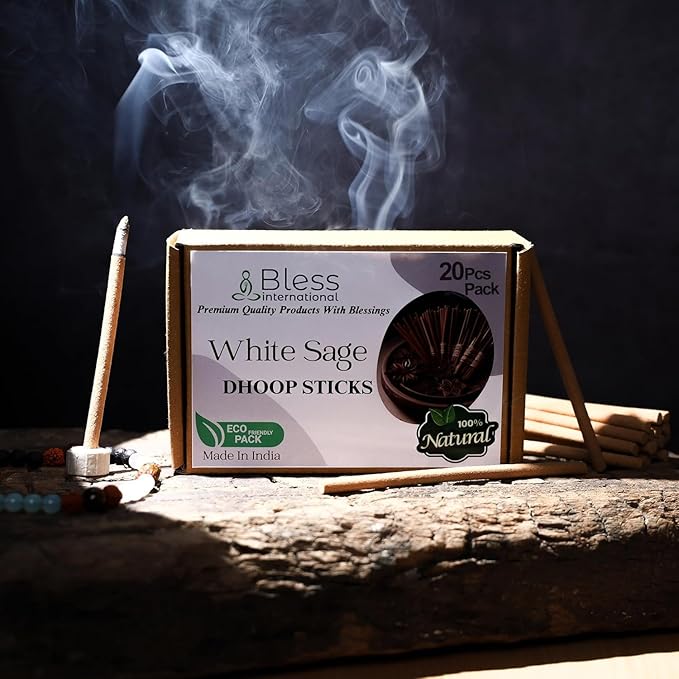 Bless-International White-Sage-100%-Natural-Incense-Bambooless-Dhoop-Sticks Handmade-Organic-Chemicals-Free for-Purification-Relaxation-Positivity-Yoga-Meditation The-Best-scents-4.5-Inches-20-Sticks BlessInternational