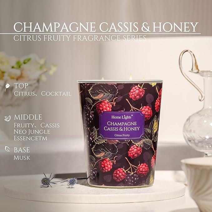 HomeLights Scented Candles for Women & Men, 34oz Candle Jars Aromatherapy 3-Wick Candle, Ideal for Eclectic Mixed Styles Home Decor and Gifts, Champagne Cassis & Honey - Bloomnest