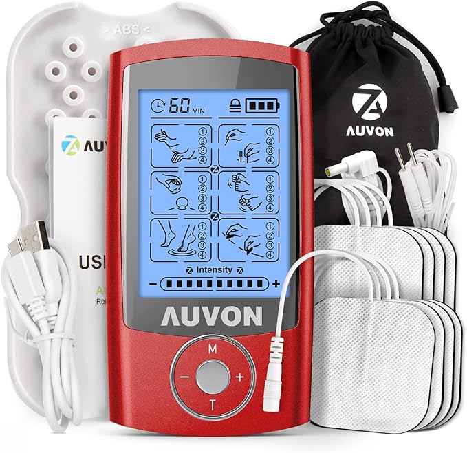 AUVON Rechargeable TENS Unit Muscle Stimulator, 24 Modes 4th Gen TENS Machine with 8pcs 2"x2" Premium Electrode Pads for Pain Relief AUVON