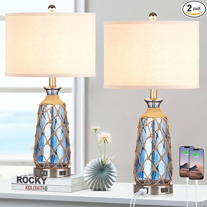 25.5" Coastal Glass Table Lamps Set of 2, 3-Way Dimmable Touch Control Bedside Lamps with 2 USB Ports and AC Outlet, Blue Nautical Nightstand Lamps for Bedroom Living Room (LED Bulbs Included) - Bloomnest