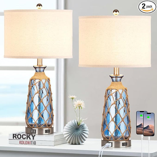 25.5" Coastal Glass Table Lamps Set of 2, 3-Way Dimmable Touch Control Bedside Lamps with 2 USB Ports and AC Outlet, Blue Nautical Nightstand Lamps for Bedroom Living Room (LED Bulbs Included) - Bloomnest