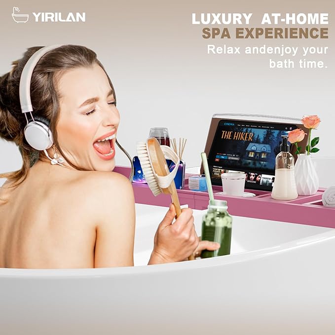 Yirilan Foldable Bathtub Caddy, Expandable Bath Caddy Tray, Unique House Warming Gifts, New Home, Anniversary and Wedding Gifts for Couple, Pink - Bloomnest