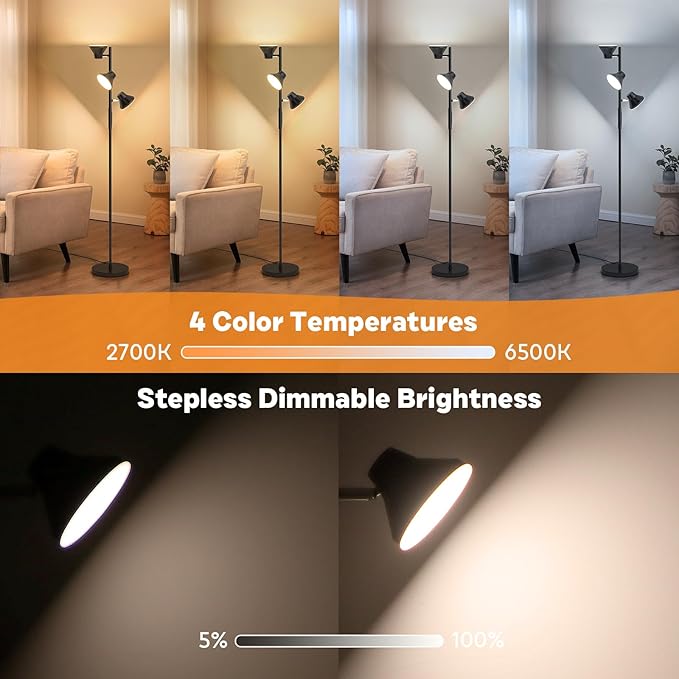 LED Floor Lamp, 36W Modern Floor Lamp with Remote & Touch Control, 4 Color Temperatures, Standing Lamp with 3 Rotatable Lights, Floor Lamps for Living Room, Bedroom, Office - Bloomnest
