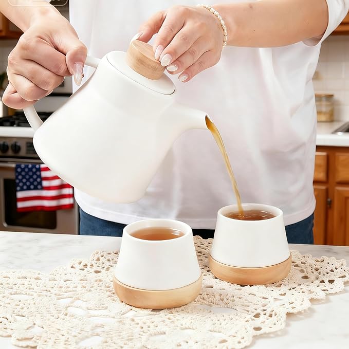 TETWIN Ceramic Teapot with Infuser, 25oz White Tea Pot with 8 Loose Leaf Tea Sampler Gift Set – Porcelain Teapot for Loose Tea, Elegant Nordic Design, Dishwasher Safe