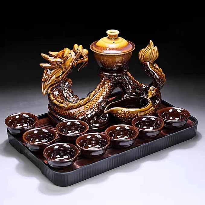 Chinese Gongfu Tea Set - Ceramic Teapot with Infuser, 8 Cups, Semi Automatic Dragon Design for Loose Leaf Tea
