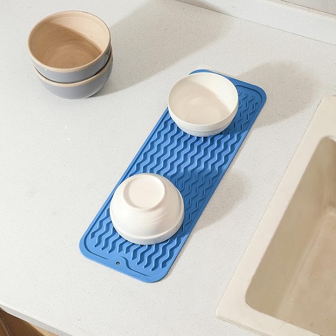 Silicone Dish Drying Mat for Multiple Usage,Easy clean,Eco-friendly,Heat-resistant Silicone Mat for Kitchen Counter,Sink,Bar,Bottle,or Cup Lichen Blue M 17 inches x 6 inches - Bloomnest