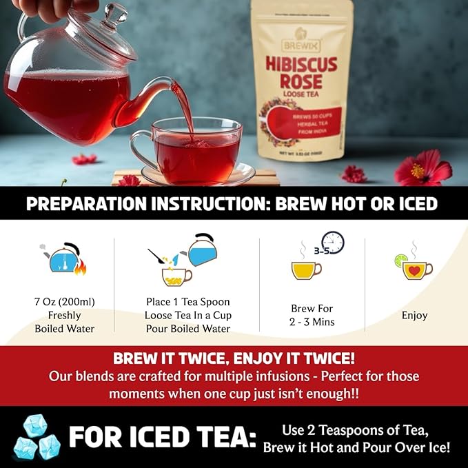 BREWIX, Hibiscus Rose Herbal Loose Tea (50+ Cups) | 100% Natural, Handmade, Pure from Hibiscus Flowers | Hibiscus with Rose Petals, Chamomile and Exotic Spices | Supports Everyday Wellness, Digestion and Cardiovascular System | Rich in Antioxidants & S... - Bloomnest