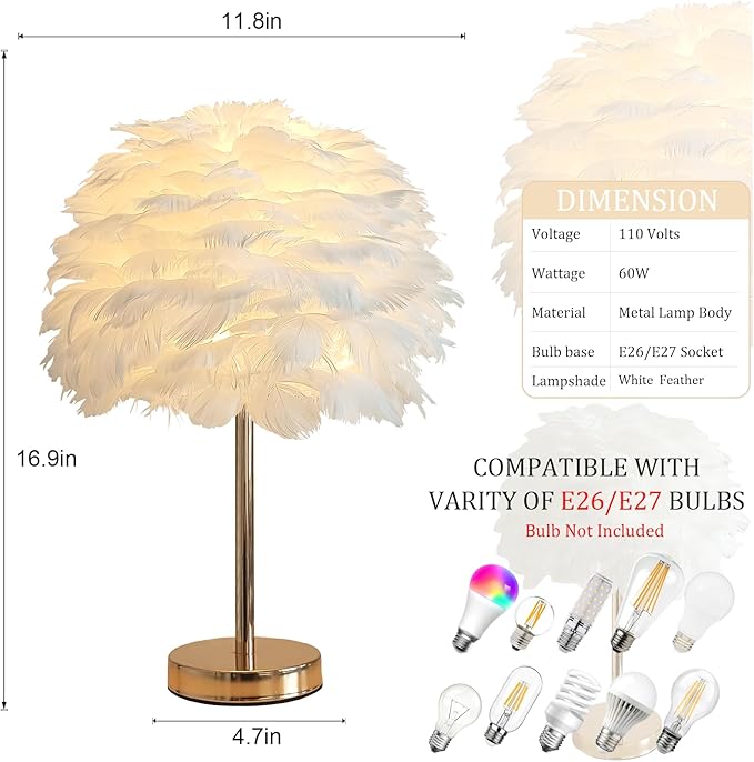 ZYLEIESENBAO Chic White Feather Lamp Creative Feather Bedside Lamp Cute Furry Nightstand Light Gold Stand Fluffy Table Lamp Atmosphere for Girl Bedroom Living Room Entry Hotel Wedding Gift - Bloomnest