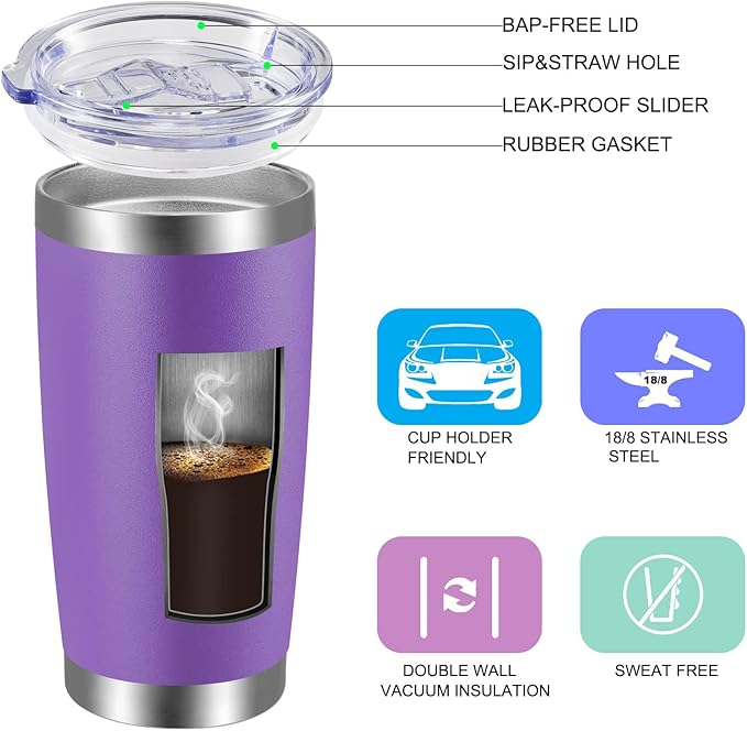 VEGOND 20oz Tumbler with Lid and Straw Stainless Steel Tumbler Cup Bulk Vacuum Insulated Double Wall Travel Coffee Mug Powder Coated Coffee Cup(Purple 6 Pack) - Bloomnest