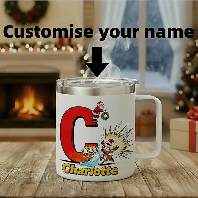 Personalized Christmas Mug with Name Initial - Funny Comic Santa & Sneezing Reindeer 12oz Insulated Stainless Steel Coffee Cup with Handle & Lid - Unique Xmas Holiday Gifts for Kids, Boys, Men (B153) - Bloomnest