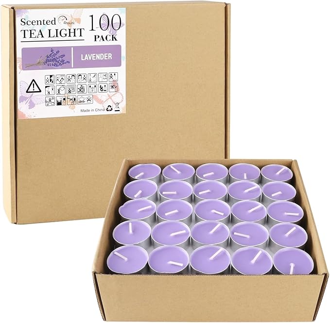 Purple Lavender Scented Tealight Candles - 4 Hours - Giant 100 Bulk Packs - Smokeless Tea Lights for Valentine's Day, Weddings,Christmas, Home Decorative - Bloomnest