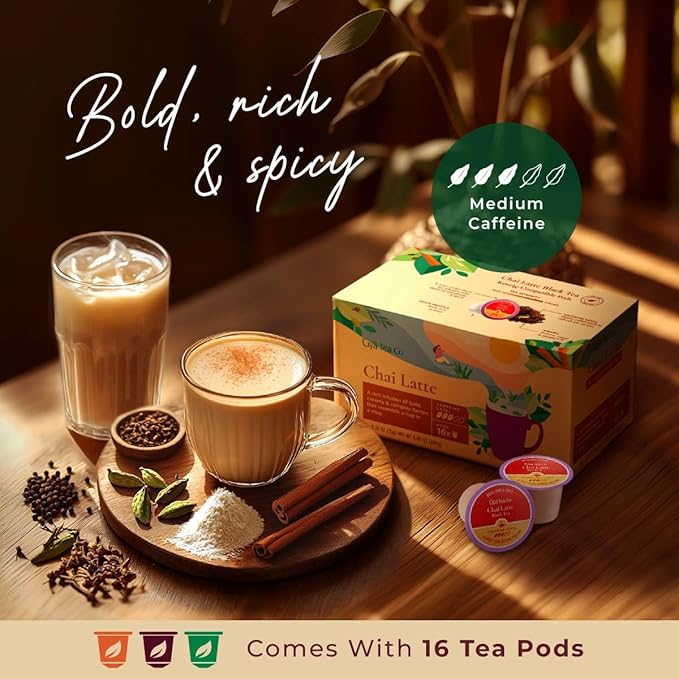 Gya Tea Co Caffeinated Chai Latte Black Tea Pod (16 Count) - Smooth, Flavourful, Robust, Enjoy Hot or Iced - Bloomnest