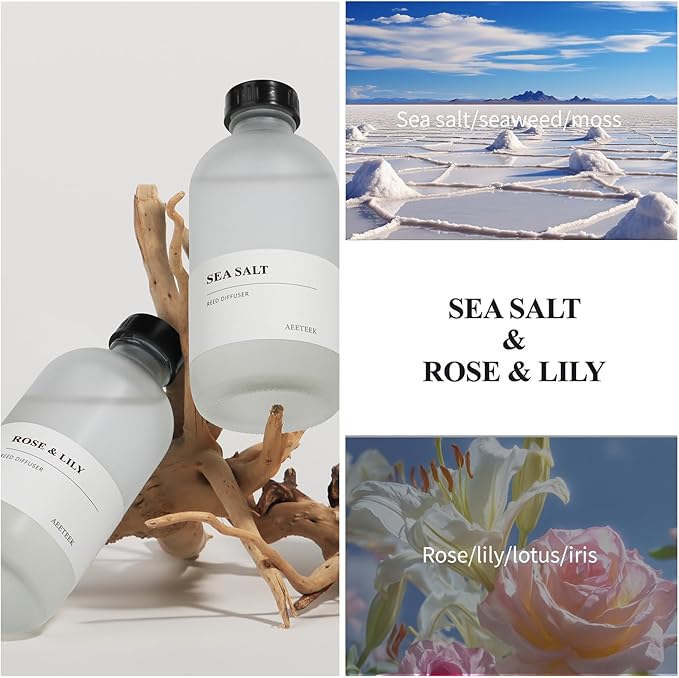 Rose Lily & Sea Salt Reed Diffuser Set of 2, 14.8 oz(220mlx2) Sea Salt Musk and Flower Essential Oils, Bathroom Air Freshener with Willow Branches Decor, Long Lasting Fragrance for Home AEETEEKHOMEFRAGRANCE