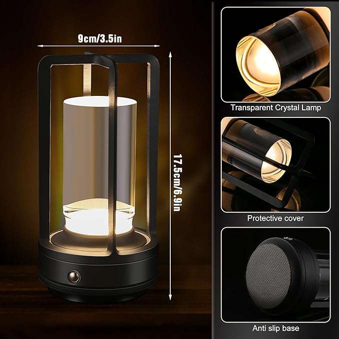 Portable Metal Table Lamp,Cordless Table Lamp, Rechargeable Battery Operated Lights, LED Table Lamps, 3 Color Stepless Dimming Touch, for Bedroom Restaurant Home Outdoor (Black) - Bloomnest
