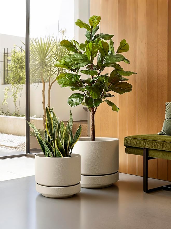 LE TAUCI Large 14 Inch Plant Pot with Saucer | Ceramic Outdoor & Indoor Big Planter Pot | Drainage Hole, Mesh Pad & Plug | Unglazed Porous | Modern Minimalist for Home and Patio – Speckled Oat - Bloomnest