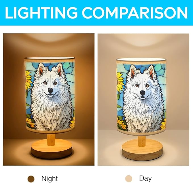 American Eskimo Table Lamp LED 3-Color Pressed Bedside, Dog Shade Lamp with Wood Base for Bedroom Living Room Desk Office - Bloomnest