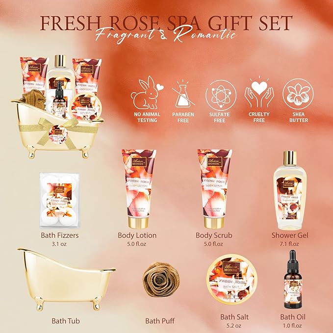 Fresh Rose Spa Gift Set for Women, 8-Piece Relaxing Bath Set with Shower Gel, Bubble Bath, Body Lotion, Self Care Gift for Any Occasion, Birthday Gifts for Women, Spa Kit for Mom Gifts - Bloomnest