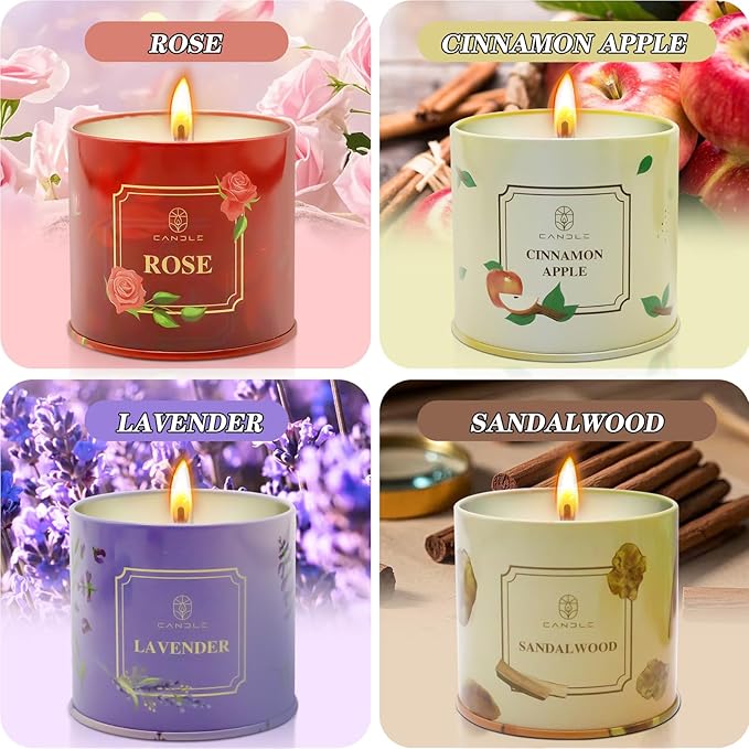 Scented Candles Gift for Women,4 Pack Natural Soy Wax Candles Long Lasting Rose Lavender Sandalwood Apple Cinnamon Fragrance Gift for Mothers Day, Birthday, Thanksgiving Day, Christmas, Valentines Day - Bloomnest