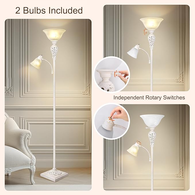 Torchiere Floor Lamp with Adjustable Reading Light, 72" Tall Vintage Lamp with White Glass Shade, Farmhouse Standing Lamp, Rustic LED Floor Lamp for Living Room Bedroom Office Corner, Bulbs Included - Bloomnest