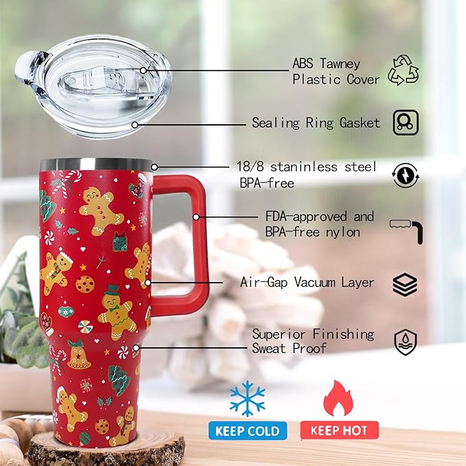 Ceovfoi 40 Oz Gingerbread Tumbler With Handle, Gingerbread Coffee Travel Mug Cup, Christmas Decor, Christmas Gifts for Women - Bloomnest