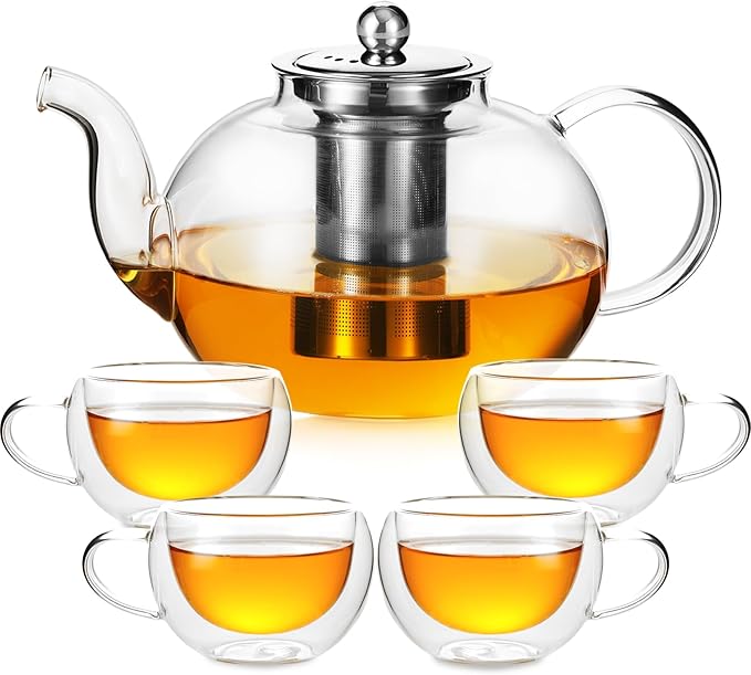 50OZ/1500ML Glass Teapot Set with 4 Double Wall Teacups & Removable Infuser, Stovetop & Microwave Safe Clear Tea Maker Water Kettle with 7OZ/200ML Tea Cups for Loose Leaf Blooming Tea - Bloomnest