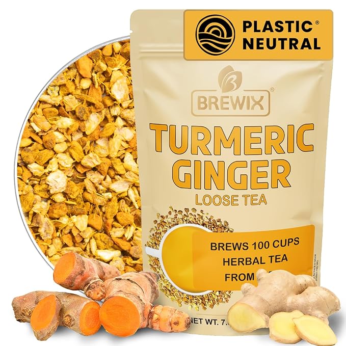 BREWIX, Turmeric Ginger Loose Herbal Tea (100+ Cups, 7.05oz/200g) Caffeine & Gluten Free | Ginger Root Tea | Savory & Spicy - Bloomnest