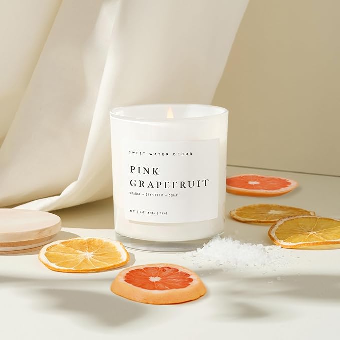 Sweet Water Decor Pink Grapefruit Scented Candles - Soy Candles with Grapefruit, Musk & Cedar for Home Decor - Candle Wax with 50 Hours Burn Time - 11Oz Wood Lid White Jar Candles for Home Scented - Bloomnest