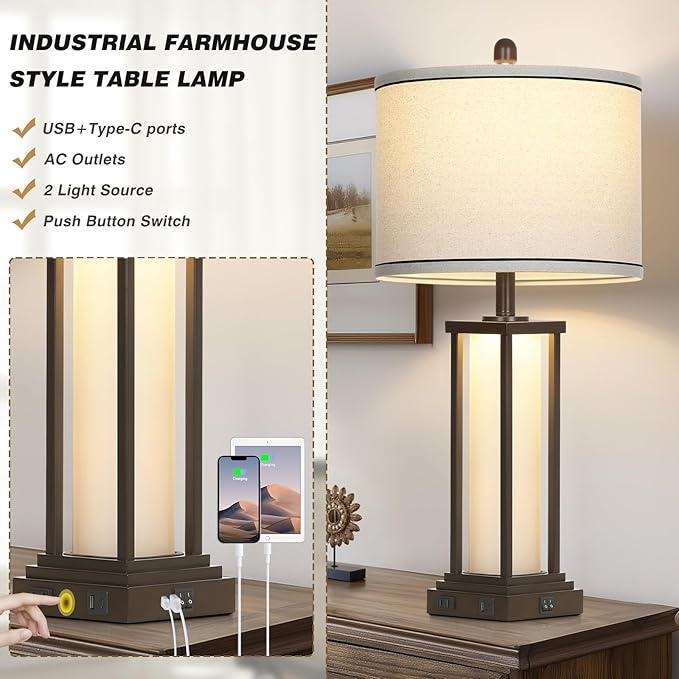 27in Tall Farmhouse Table Lamp Set of 2 with USB C+A & Outlet,Brown Industrial End Table Lamp for Living Room,Vintage Rustic Bedside Lamps with Night Light for Bedroom Nightstand,Brown - Bloomnest