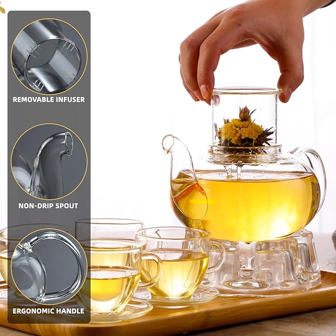 Glass Teapot Set, 34OZ/1000ML Glass Tea Kettle with Loose Tea Infuser & Warmer, 5oz/150ML Tea Cup & Saucer Set of 4, Stovetop & Microwave Safe Tea Maker, Blooming Tea Gift Set For Women - Bloomnest