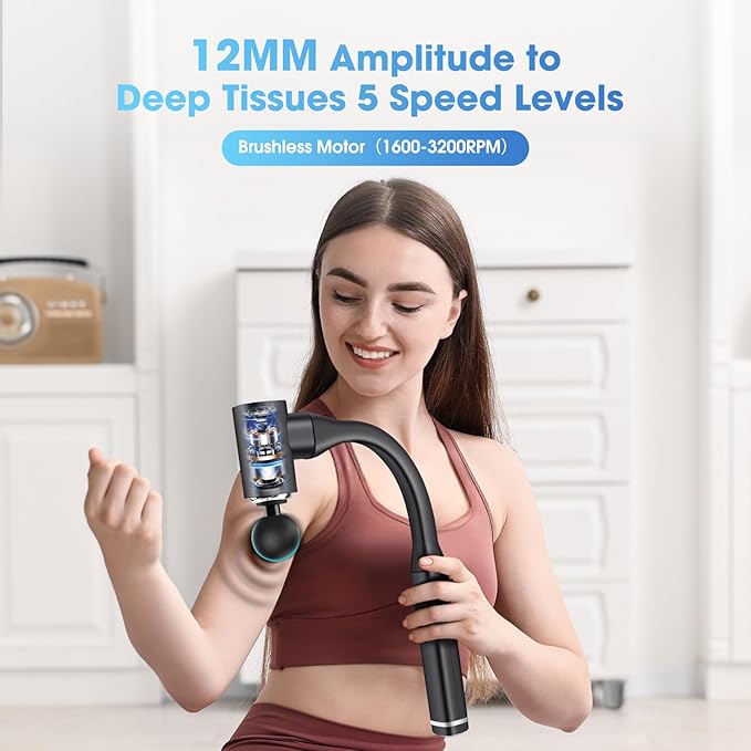 Massage Gun with Upgraded Extension Handle, Back and Neck Massage for Pain Relief, 12MM Portable Muscle Pain Relief for Back, Neck, Waist, 4 Massage Heads & 5 Speed Levels - Bloomnest
