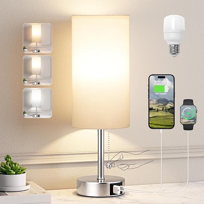 White Table Lamp for Bedroom Nightstand - Small Lamp with USB A + C Charging Port, 3 Color Temperatures Pull Chain Night Stand Light, Silver Base Desk Reading Lamp for Living Room - Bloomnest