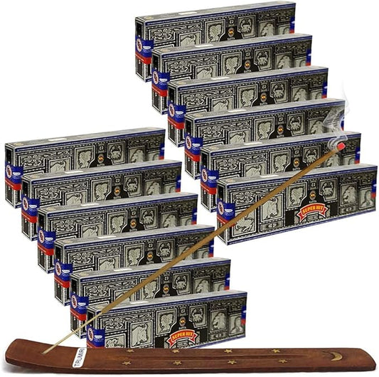 Super Hit Incense Sticks 40g and Holder Bundle - Pack of 12 (Approx 480 Sticks) - Bloomnest
